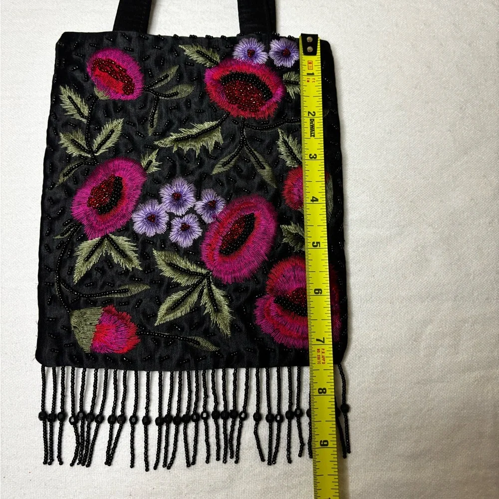 Frankie & Johnnie Embroidered Floral Beaded Fringe Evening Bag - Vintage Style - Picture 11 of 12